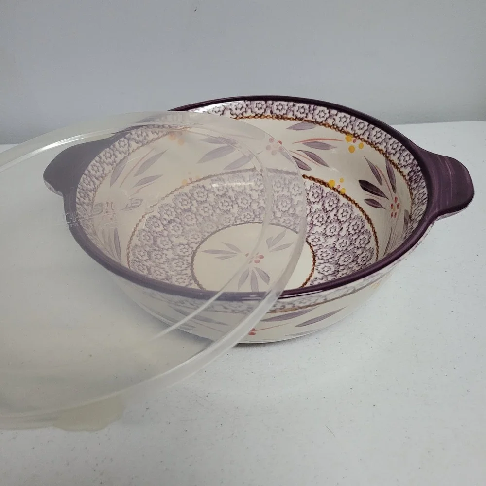 Temp-tations Old World Eggplant Purple 2qt Round Ceramic Bowl with Lid